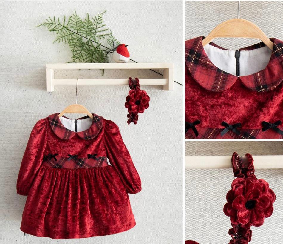 Plišana haljina sa kariranom kragnom i trakom